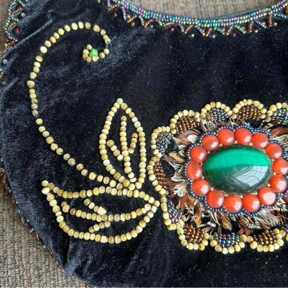 VINTAGE Boho Crescent Beaded Feather Embellished Hobo Shoulder Bag LIKE NEW - Picture 4 of 15